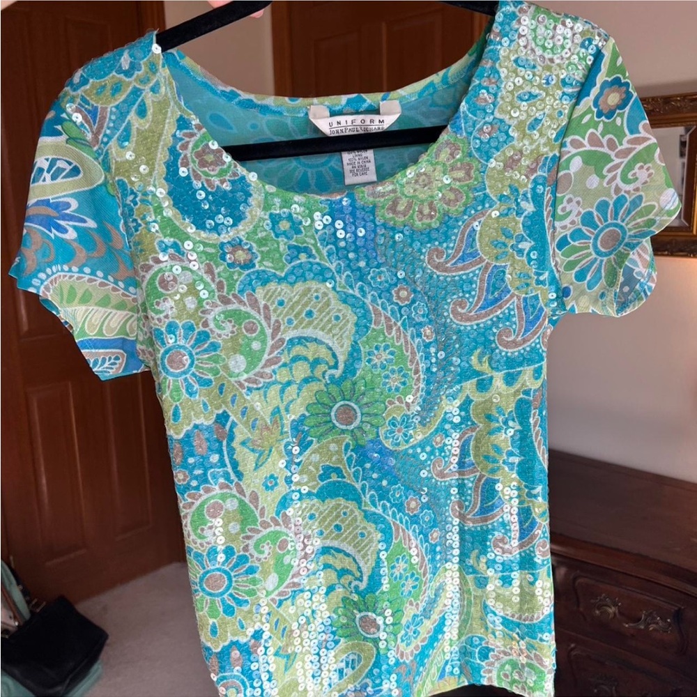 JohnPaulRichard Blue and Green Sequin Blouse